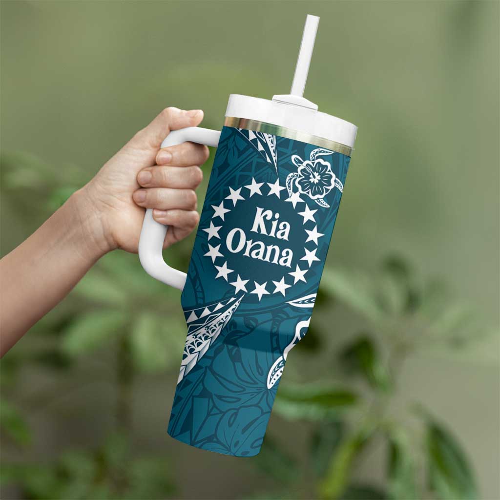 Kia Orana Cook Islands Tumbler With Handle Polynesian Turtle Crowberry Blue Color LT14 - Polynesian Pride