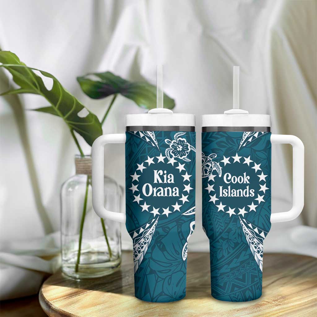 Kia Orana Cook Islands Tumbler With Handle Polynesian Turtle Crowberry Blue Color LT14 - Polynesian Pride