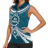 Kia Orana Cook Islands Women Sleeveless Polo Shirt Polynesian Turtle Crowberry Blue Color