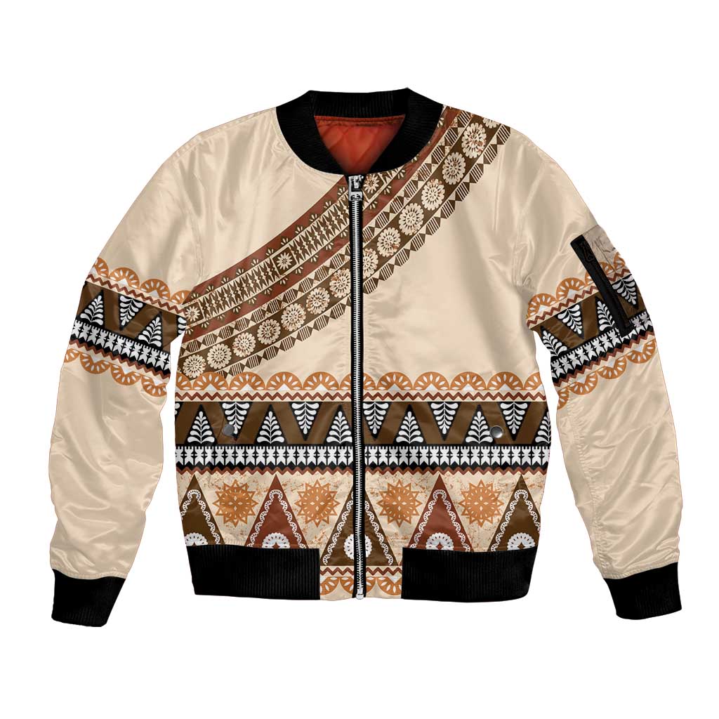 Bula Fiji Sleeve Zip Bomber Jacket 2025 Pasifika Traditional Fijian Masi