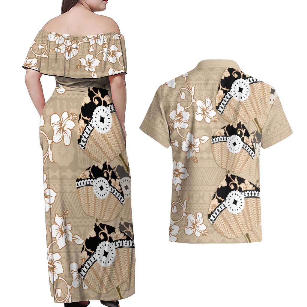 Bula Fiji Iri Buli Couples Matching Off Shoulder Maxi Dress and Hawaiian Shirt Woven Fan With Fijian Tapa