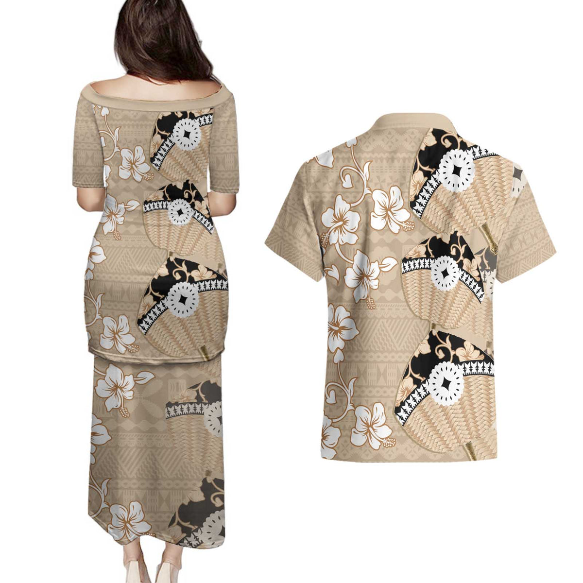 Bula Fiji Iri Buli Couples Matching Puletasi and Hawaiian Shirt Woven Fan With Fijian Tapa