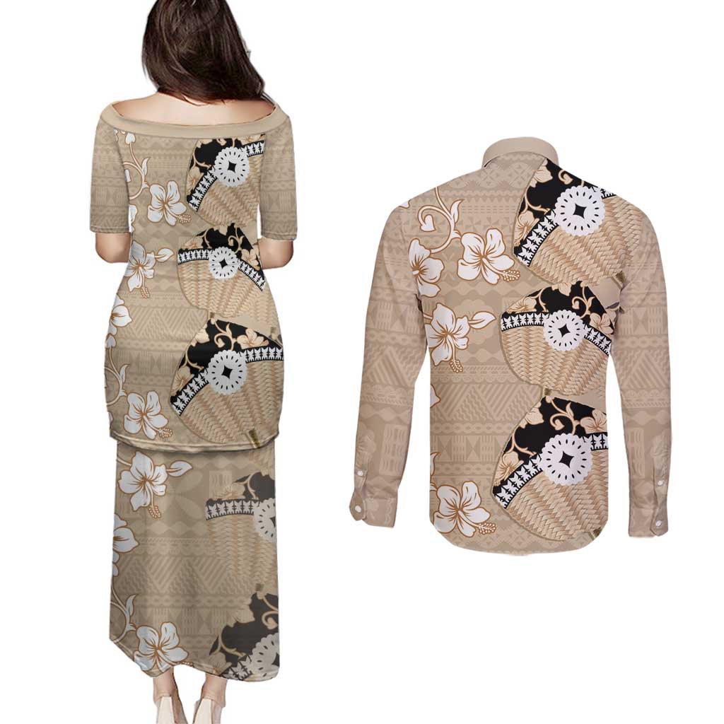 Bula Fiji Iri Buli Couples Matching Puletasi and Long Sleeve Button Shirt Woven Fan With Fijian Tapa