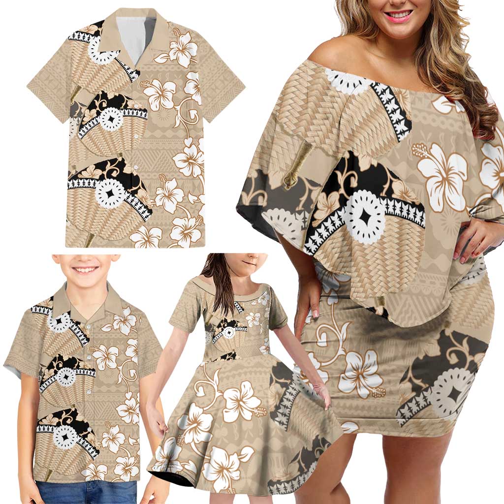 Bula Fiji Iri Buli Family Matching Off Shoulder Short Dress and Hawaiian Shirt Woven Fan With Fijian Tapa