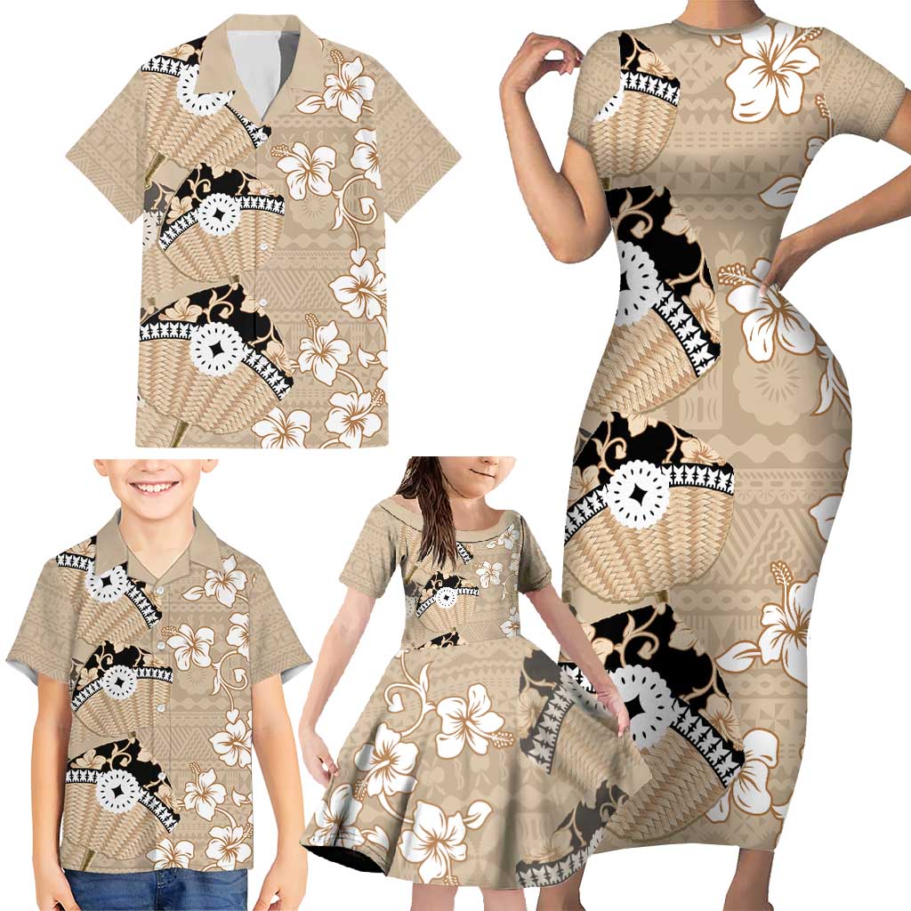 Bula Fiji Iri Buli Family Matching Short Sleeve Bodycon Dress and Hawaiian Shirt Woven Fan With Fijian Tapa