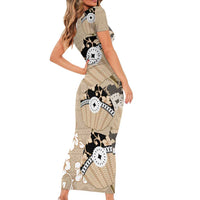 Bula Fiji Iri Buli Short Sleeve Bodycon Dress Woven Fan With Fijian Tapa