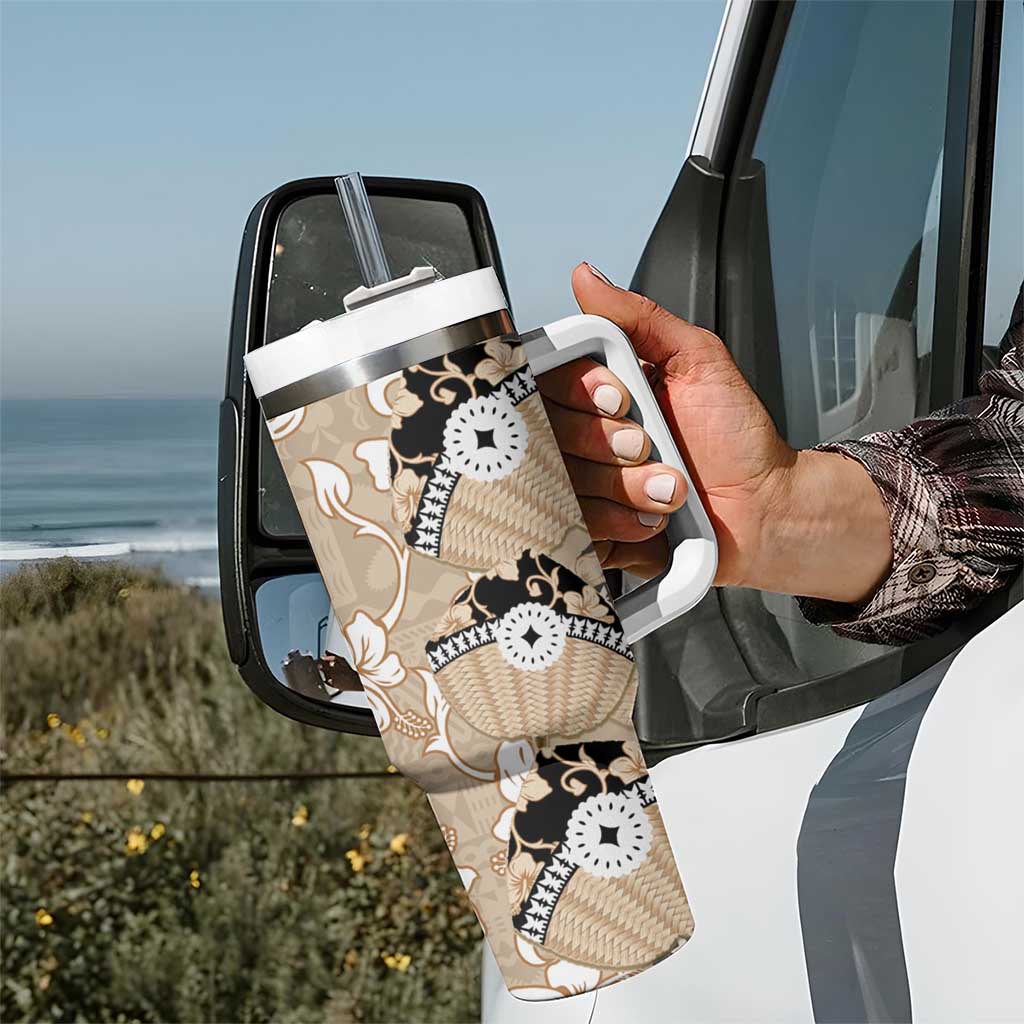 Bula Fiji Iri Buli Tumbler With Handle Woven Fan With Fijian Tapa