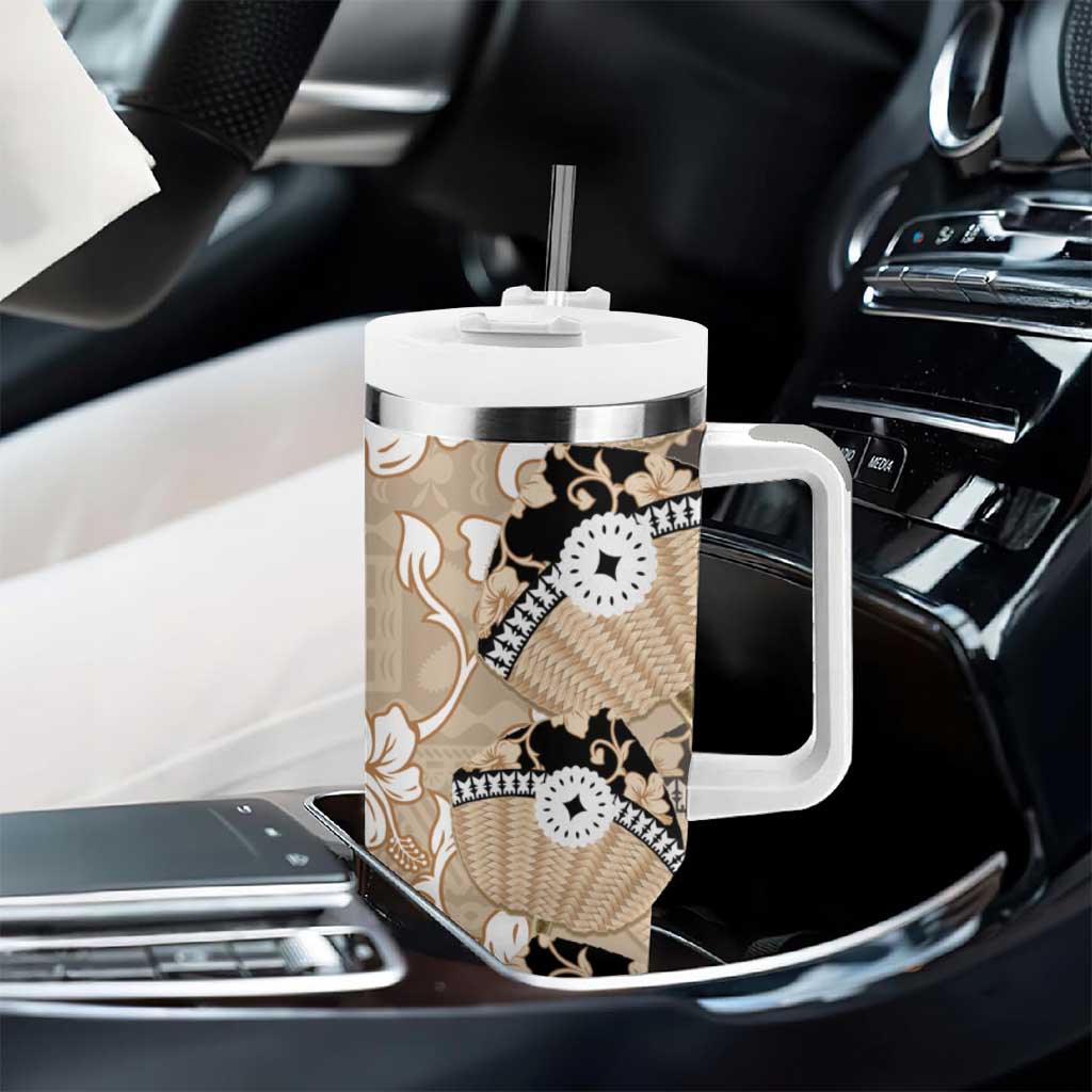 Bula Fiji Iri Buli Tumbler With Handle Woven Fan With Fijian Tapa