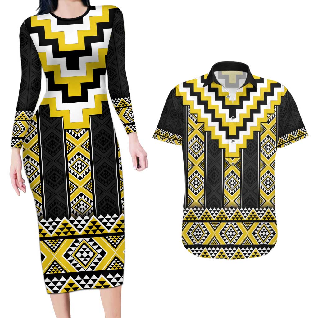 Yellow Taniko Aotearoa Couples Matching Long Sleeve Bodycon Dress and Hawaiian Shirt Niho Taniwha Mix Poutama LT14 Yellow - Polynesian Pride