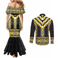 Yellow Taniko Aotearoa Couples Matching Mermaid Dress and Long Sleeve Button Shirt Niho Taniwha Mix Poutama
