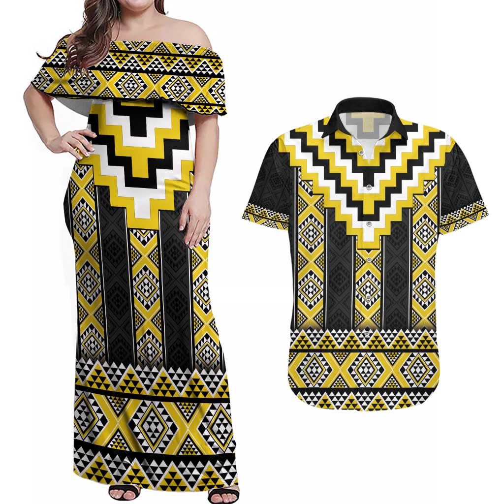 Yellow Taniko Aotearoa Couples Matching Off Shoulder Maxi Dress and Hawaiian Shirt Niho Taniwha Mix Poutama LT14 Yellow - Polynesian Pride
