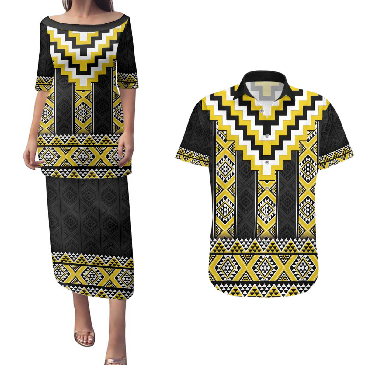 Yellow Taniko Aotearoa Couples Matching Puletasi and Hawaiian Shirt Niho Taniwha Mix Poutama LT14 Yellow - Polynesian Pride