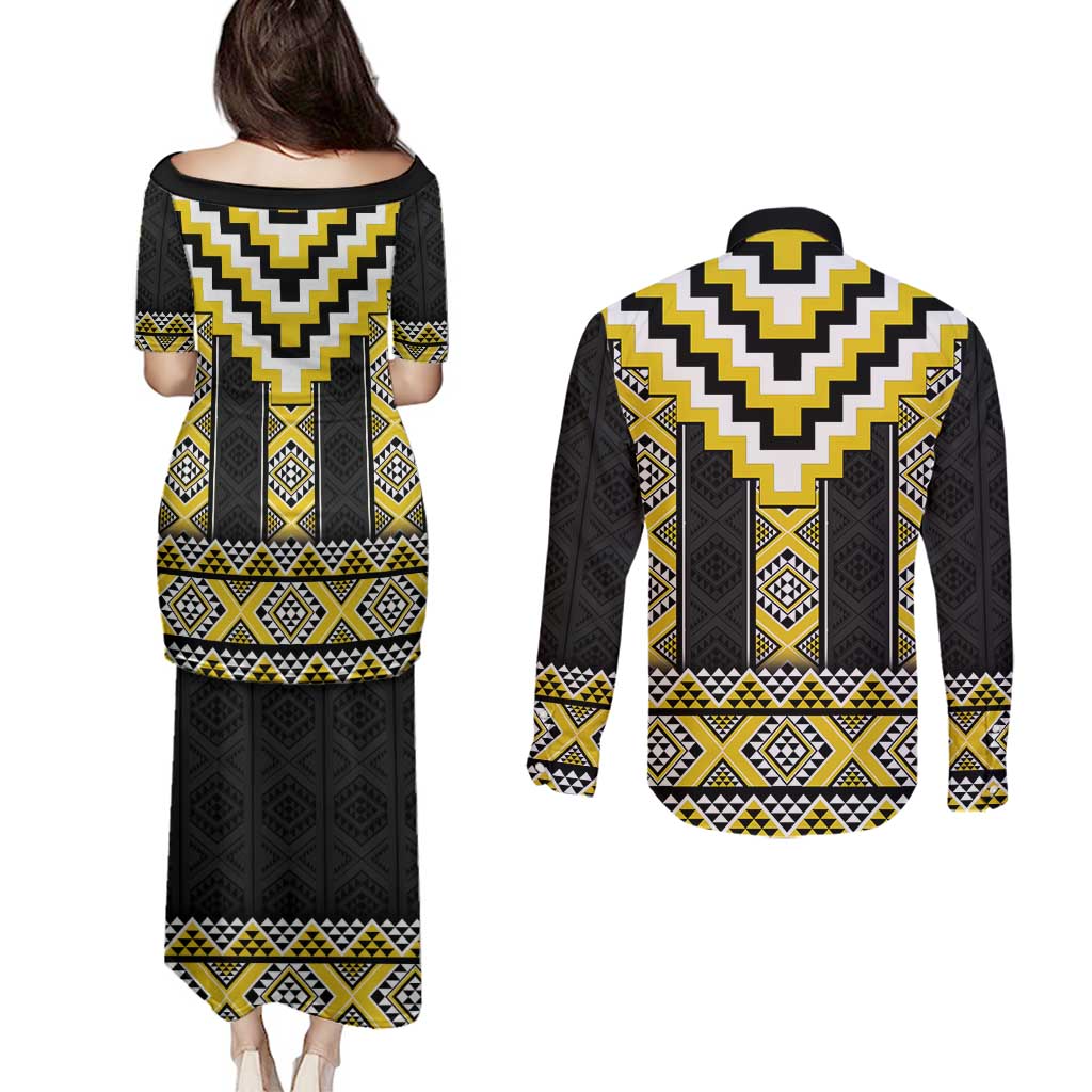 Yellow Taniko Aotearoa Couples Matching Puletasi and Long Sleeve Button Shirt Niho Taniwha Mix Poutama LT14 - Polynesian Pride
