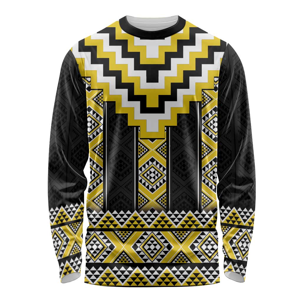 Yellow Taniko Aotearoa Long Sleeve Shirt Niho Taniwha Mix Poutama LT14 Unisex Yellow - Polynesian Pride
