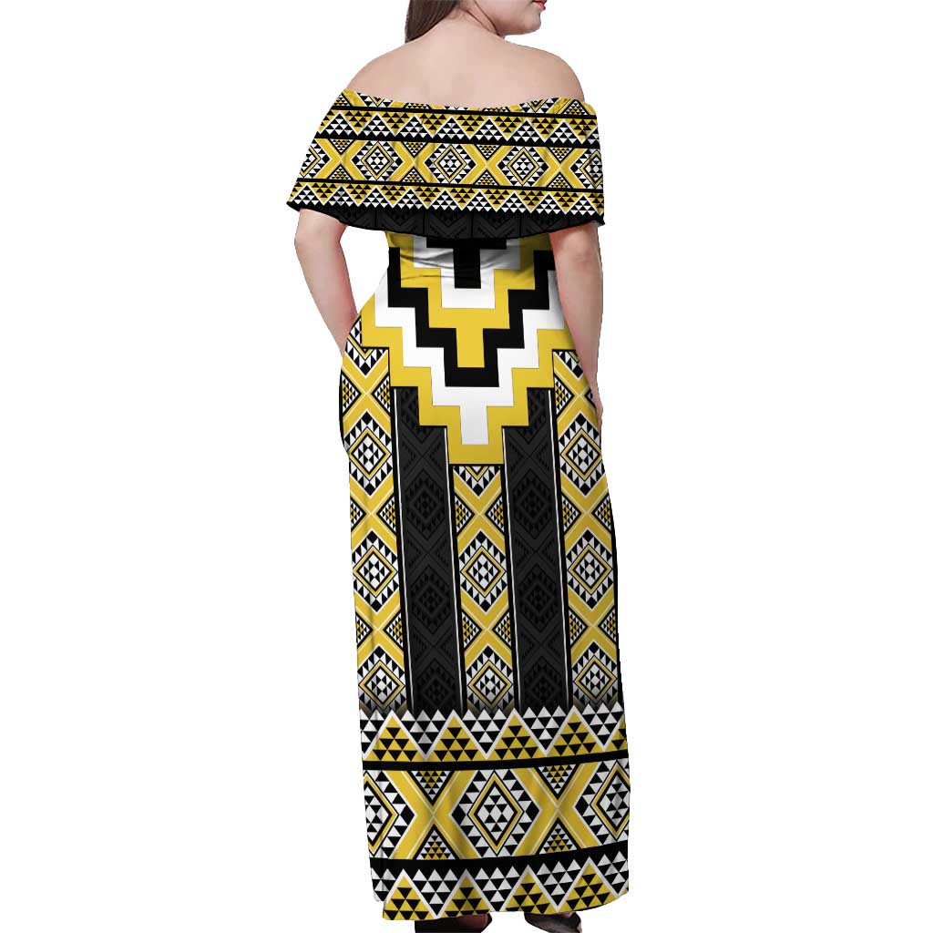 Yellow Taniko Aotearoa Off Shoulder Maxi Dress Niho Taniwha Mix Poutama LT14 - Polynesian Pride