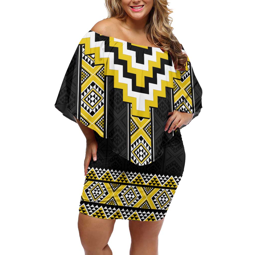 Yellow Taniko Aotearoa Off Shoulder Short Dress Niho Taniwha Mix Poutama LT14 Women Yellow - Polynesian Pride