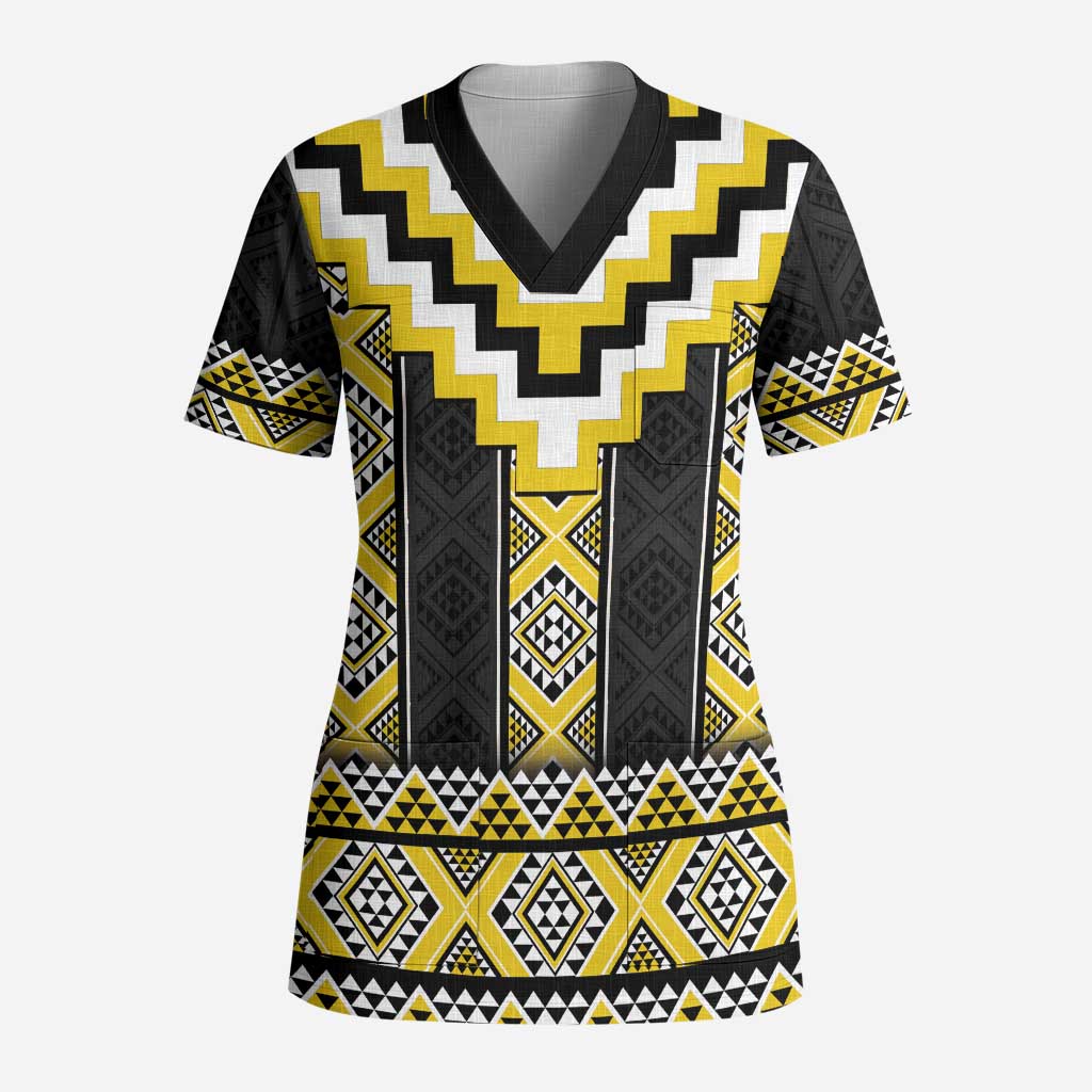 Yellow Taniko Aotearoa Scrub Top Niho Taniwha Mix Poutama LT14 Adult Yellow - Polynesian Pride