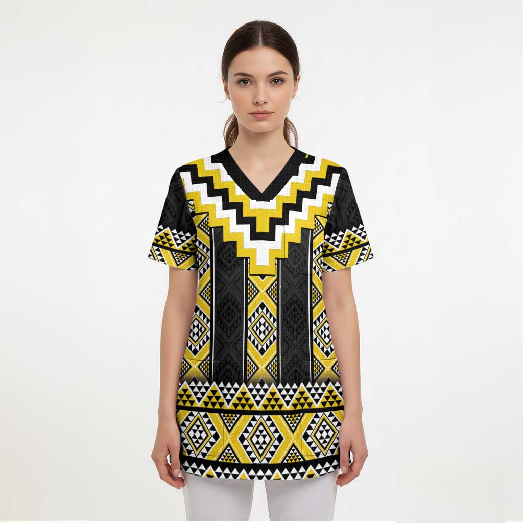 Yellow Taniko Aotearoa Scrub Top Niho Taniwha Mix Poutama LT14 - Polynesian Pride