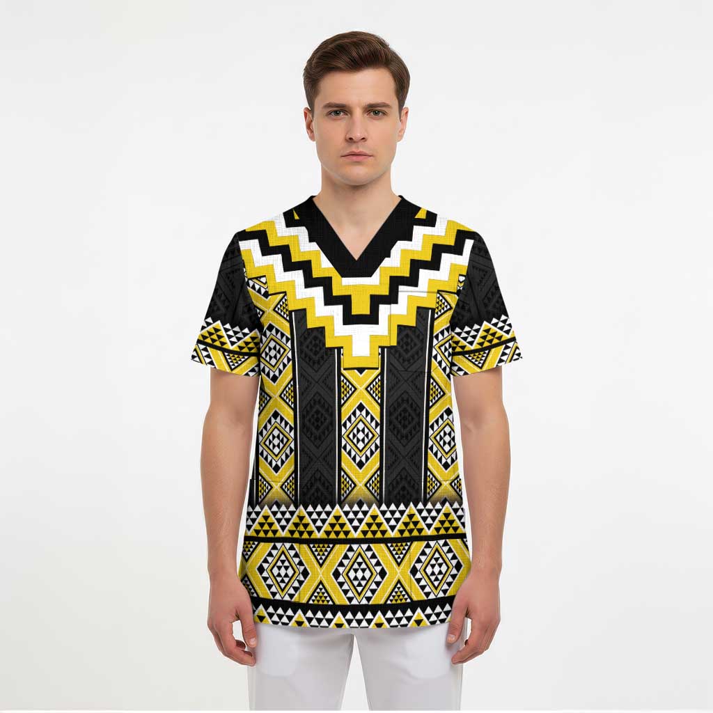 Yellow Taniko Aotearoa Scrub Top Niho Taniwha Mix Poutama LT14 - Polynesian Pride