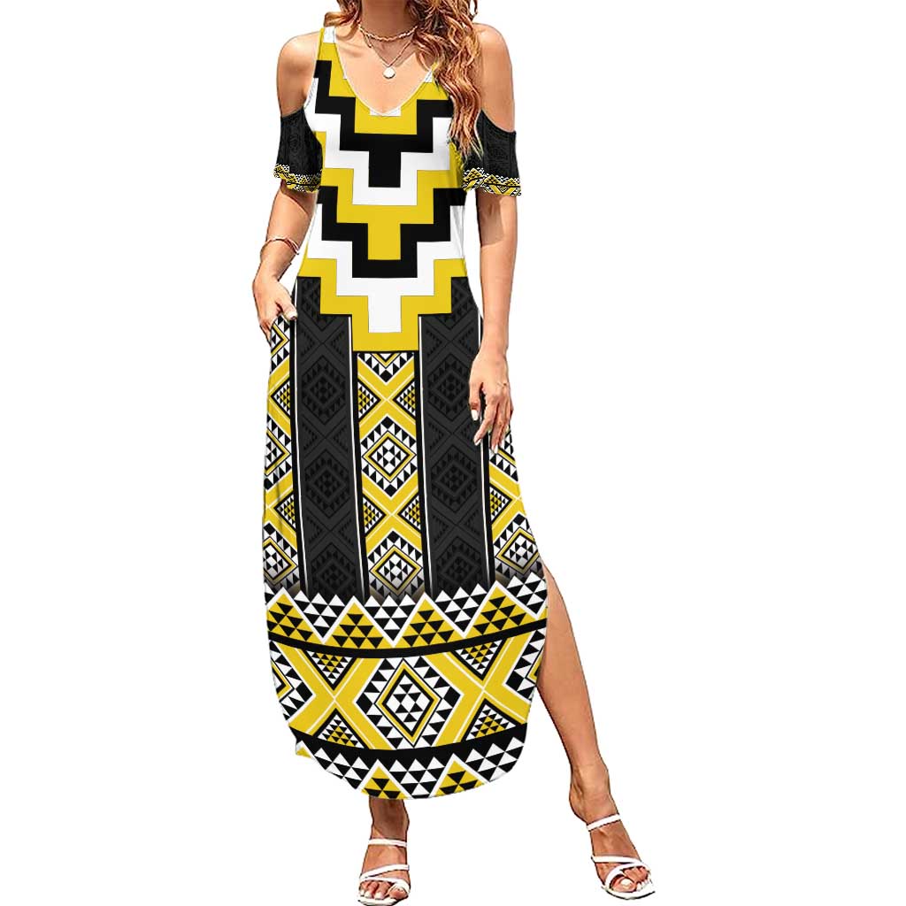 Yellow Taniko Aotearoa Summer Maxi Dress Niho Taniwha Mix Poutama LT14 Women Yellow - Polynesian Pride