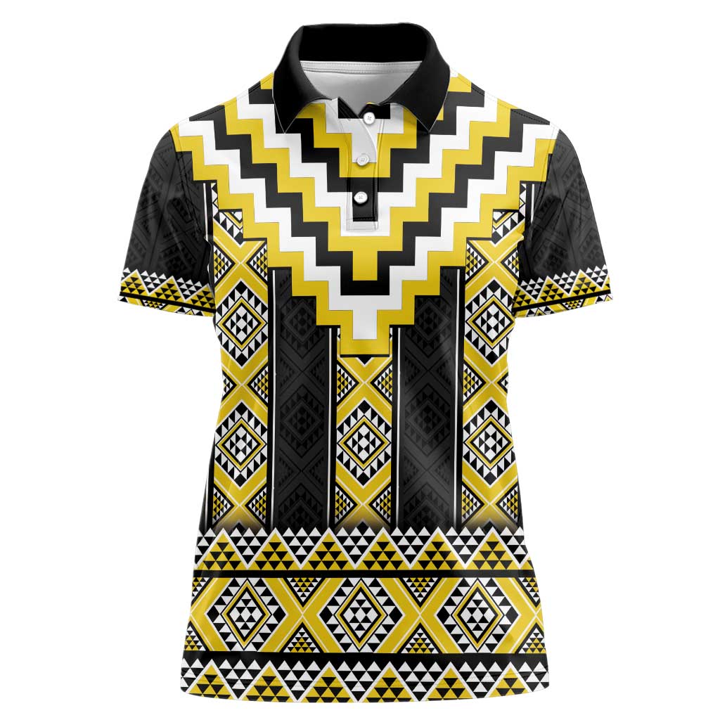 Yellow Taniko Aotearoa Women Polo Shirt Niho Taniwha Mix Poutama