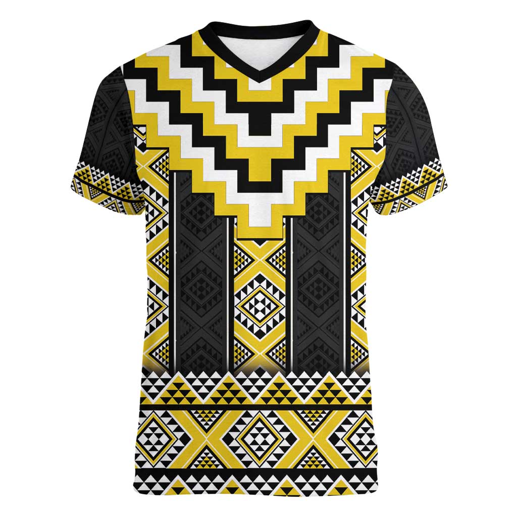 Yellow Taniko Aotearoa Women V-Neck T-Shirt Niho Taniwha Mix Poutama LT14 Female Yellow - Polynesian Pride