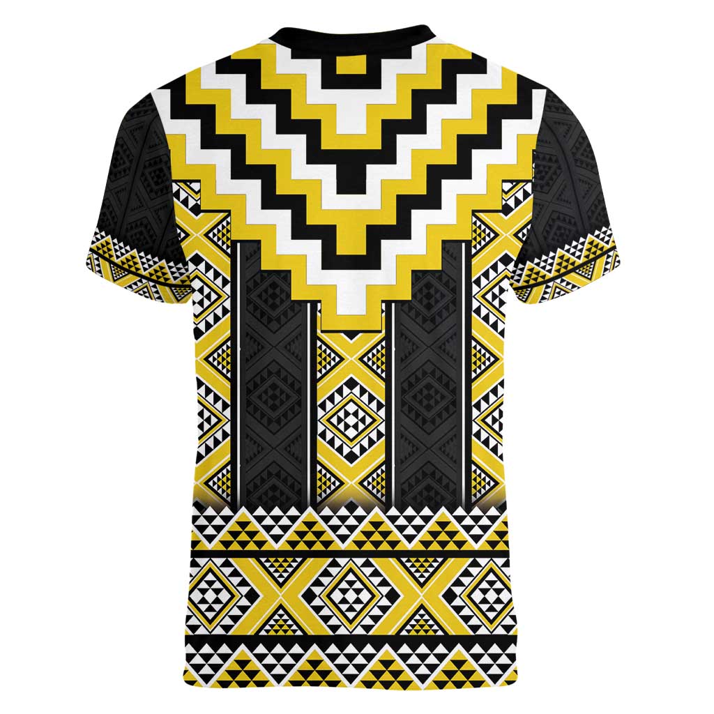 Yellow Taniko Aotearoa Women V-Neck T-Shirt Niho Taniwha Mix Poutama LT14 - Polynesian Pride