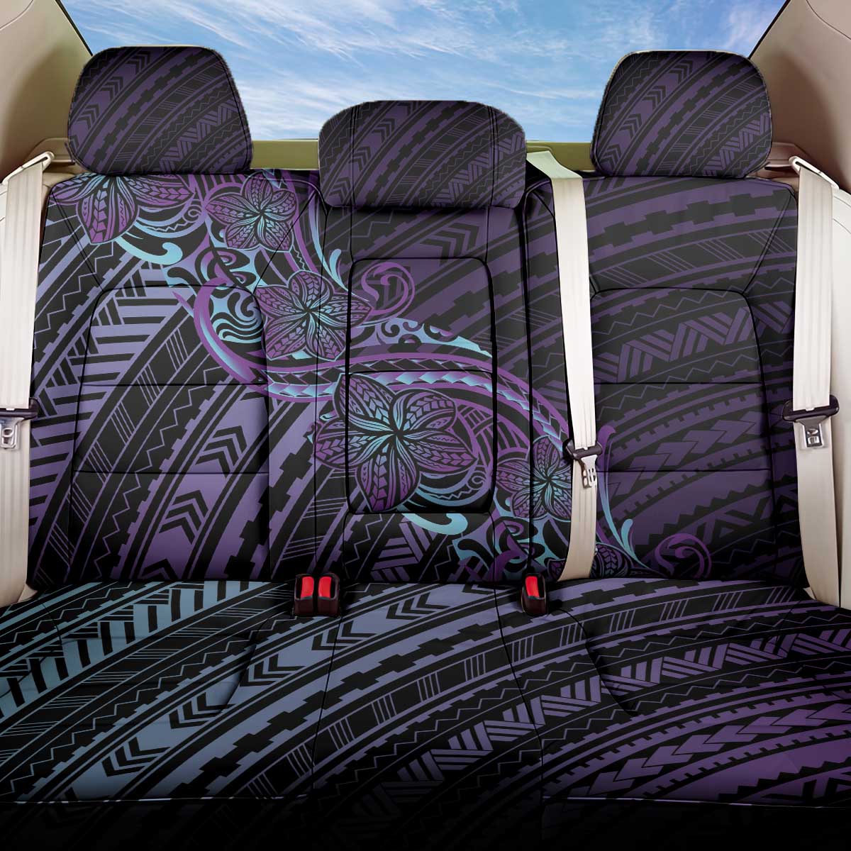 Teal Purple Polynesia Plumeria Tattoo Back Car Seat Cover