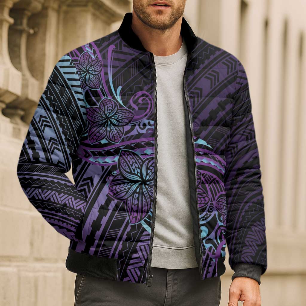 Teal Purple Polynesia Plumeria Tattoo Bomber Puffer Jacket LT14 - Polynesian Pride