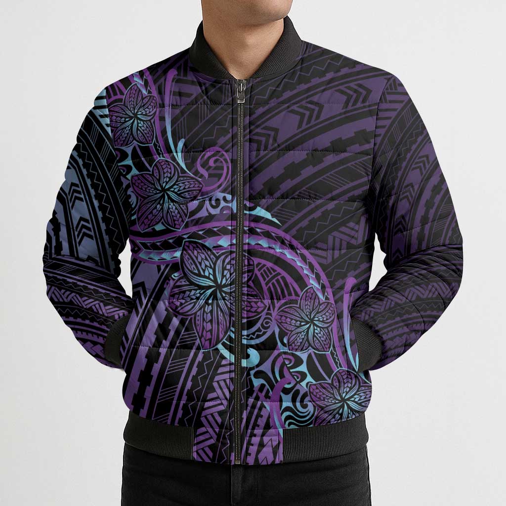 Teal Purple Polynesia Plumeria Tattoo Bomber Puffer Jacket LT14 - Polynesian Pride
