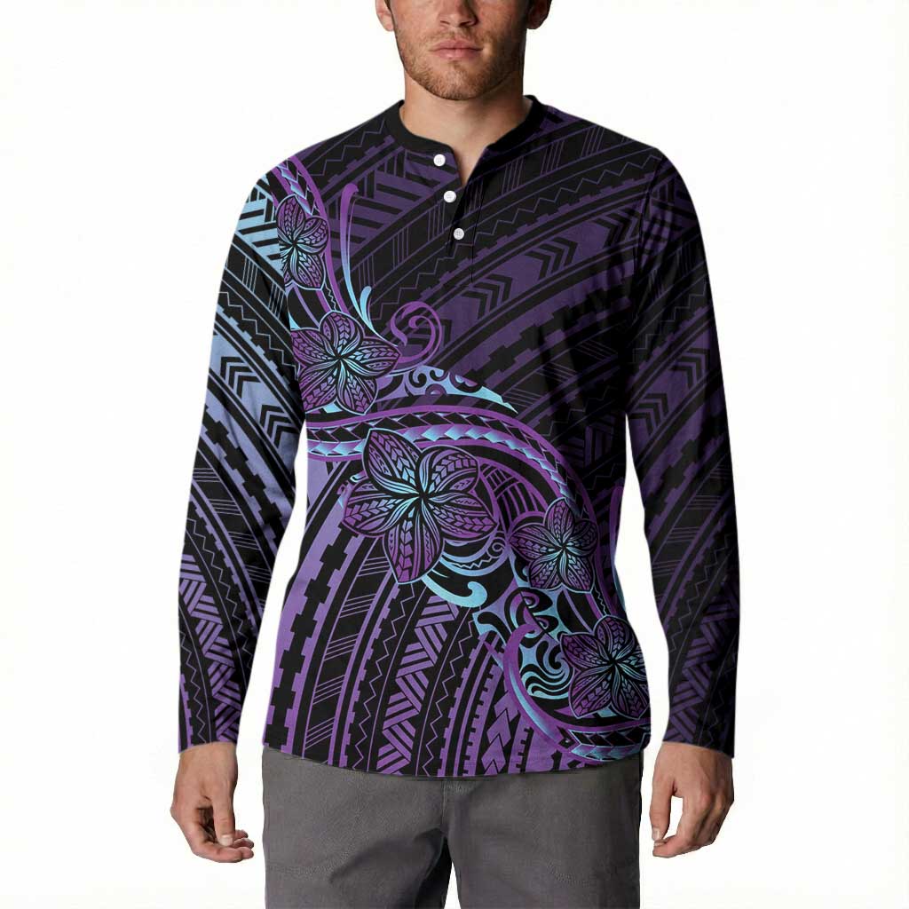 Teal Purple Polynesia Plumeria Tattoo Button Sweatshirt LT14 - Polynesian Pride