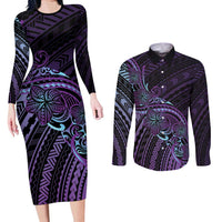 Teal Purple Polynesia Plumeria Tattoo Couples Matching Long Sleeve Bodycon Dress and Long Sleeve Button Shirt LT14 Purple - Polynesian Pride