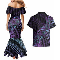 Teal Purple Polynesia Plumeria Tattoo Couples Matching Mermaid Dress and Hawaiian Shirt LT14 - Polynesian Pride