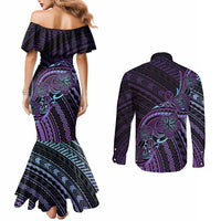 Teal Purple Polynesia Plumeria Tattoo Couples Matching Mermaid Dress and Long Sleeve Button Shirt LT14 - Polynesian Pride