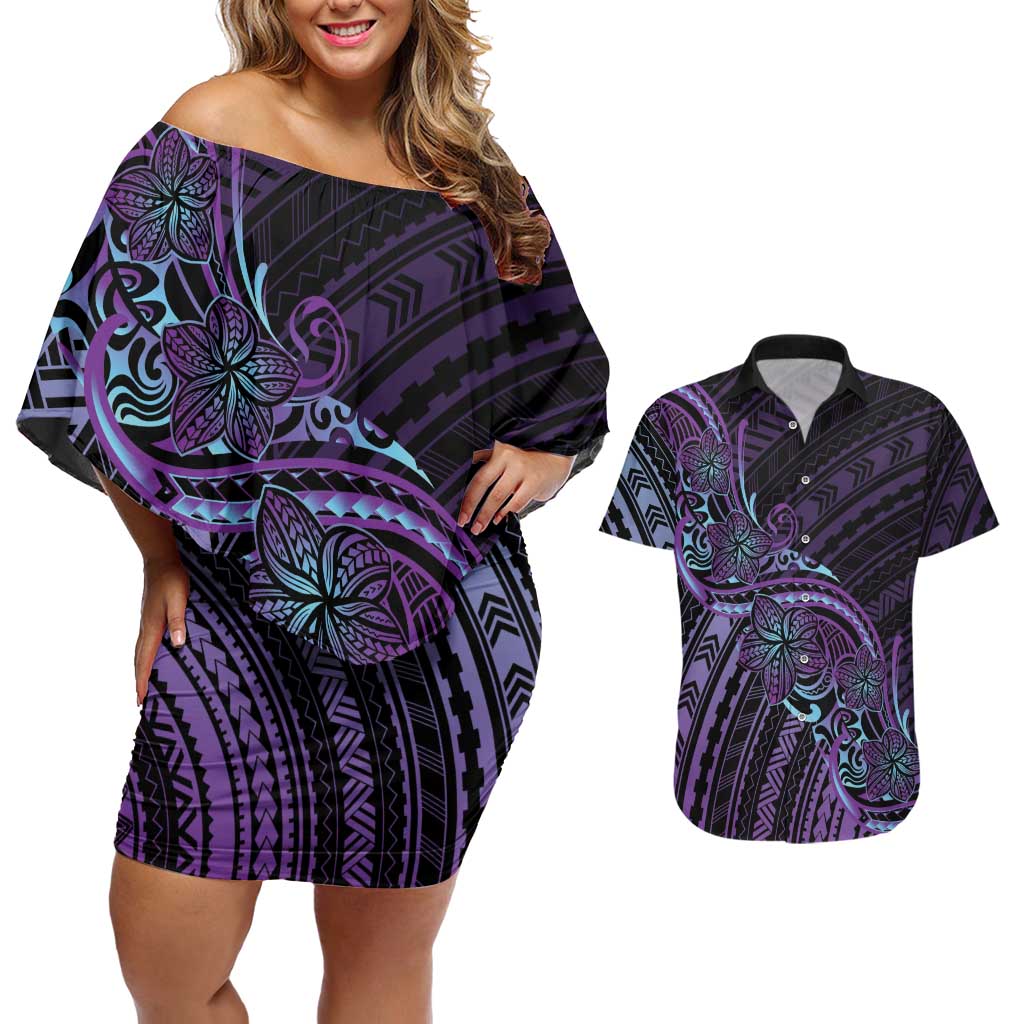 Teal Purple Polynesia Plumeria Tattoo Couples Matching Off Shoulder Short Dress and Hawaiian Shirt LT14 Purple - Polynesian Pride