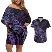 Teal Purple Polynesia Plumeria Tattoo Couples Matching Off Shoulder Short Dress and Hawaiian Shirt LT14 Purple - Polynesian Pride