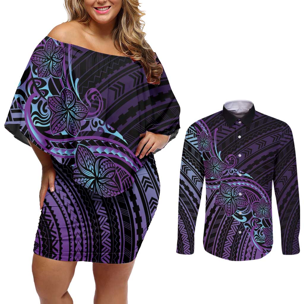 Teal Purple Polynesia Plumeria Tattoo Couples Matching Off Shoulder Short Dress and Long Sleeve Button Shirt LT14 Purple - Polynesian Pride