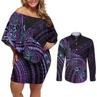 Teal Purple Polynesia Plumeria Tattoo Couples Matching Off Shoulder Short Dress and Long Sleeve Button Shirt LT14 Purple - Polynesian Pride