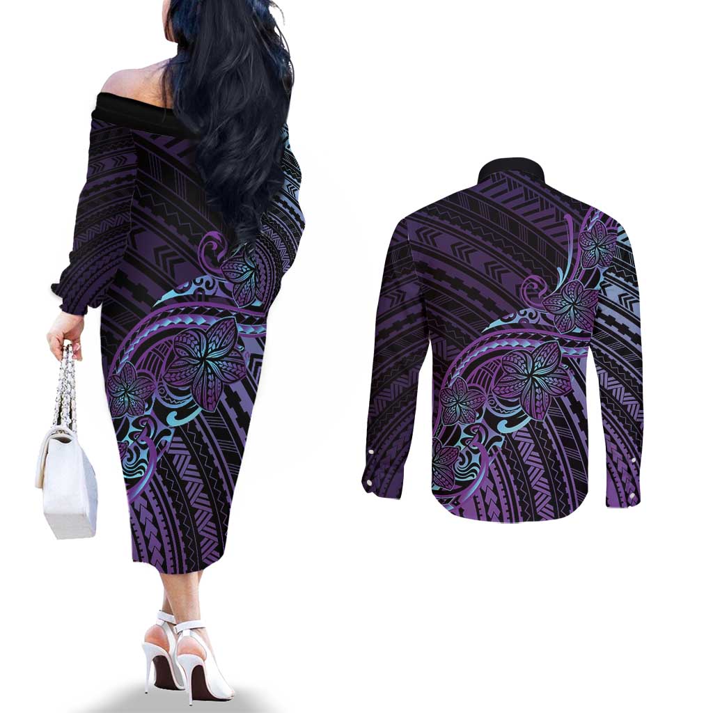 Teal Purple Polynesia Plumeria Tattoo Couples Matching Off The Shoulder Long Sleeve Dress and Long Sleeve Button Shirt LT14 - Polynesian Pride
