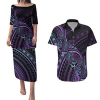 Teal Purple Polynesia Plumeria Tattoo Couples Matching Puletasi and Hawaiian Shirt LT14 Purple - Polynesian Pride