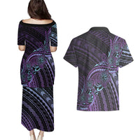 Teal Purple Polynesia Plumeria Tattoo Couples Matching Puletasi and Hawaiian Shirt LT14 - Polynesian Pride