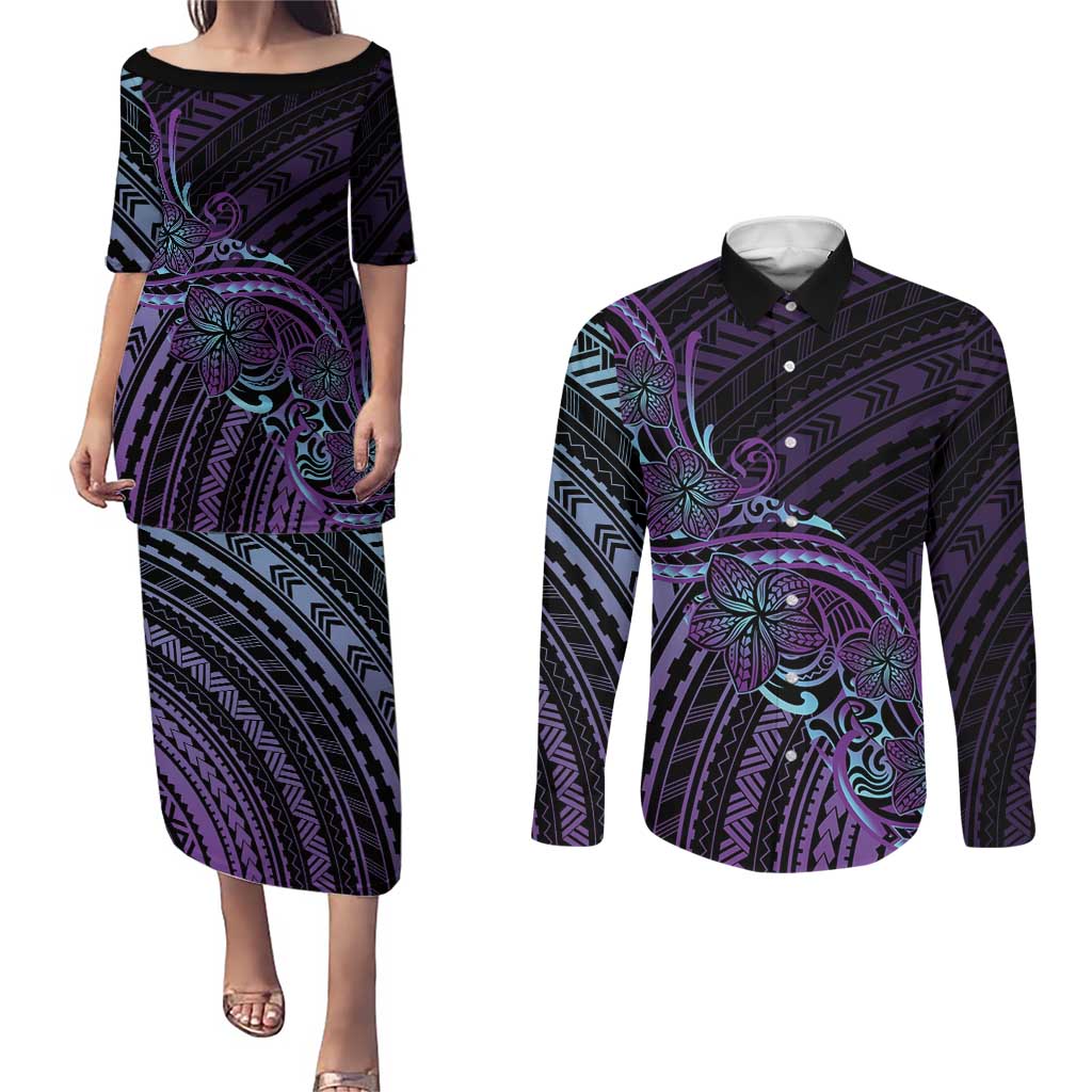 Teal Purple Polynesia Plumeria Tattoo Couples Matching Puletasi and Long Sleeve Button Shirt LT14 Purple - Polynesian Pride