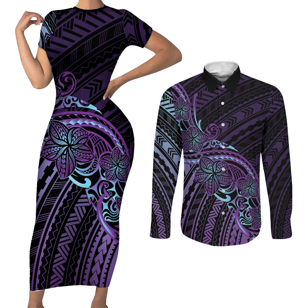 Teal Purple Polynesia Plumeria Tattoo Couples Matching Short Sleeve Bodycon Dress and Long Sleeve Button Shirt LT14 Purple - Polynesian Pride
