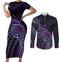 Teal Purple Polynesia Plumeria Tattoo Couples Matching Short Sleeve Bodycon Dress and Long Sleeve Button Shirt