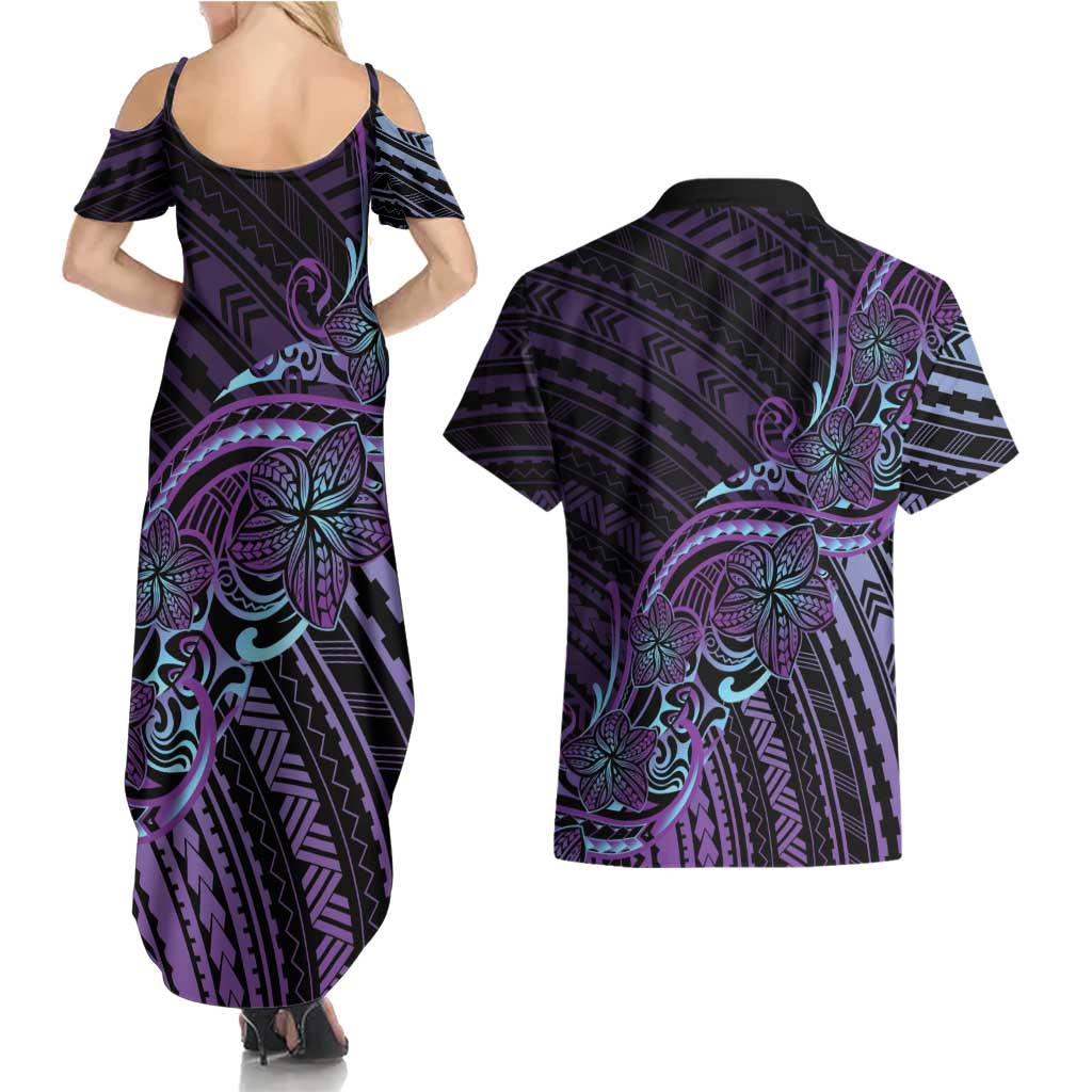 Teal Purple Polynesia Plumeria Tattoo Couples Matching Summer Maxi Dress and Hawaiian Shirt