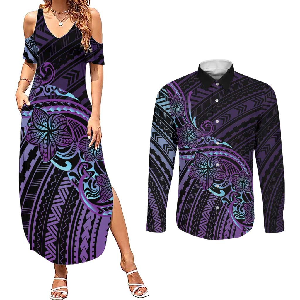 Teal Purple Polynesia Plumeria Tattoo Couples Matching Summer Maxi Dress and Long Sleeve Button Shirt LT14 Purple - Polynesian Pride