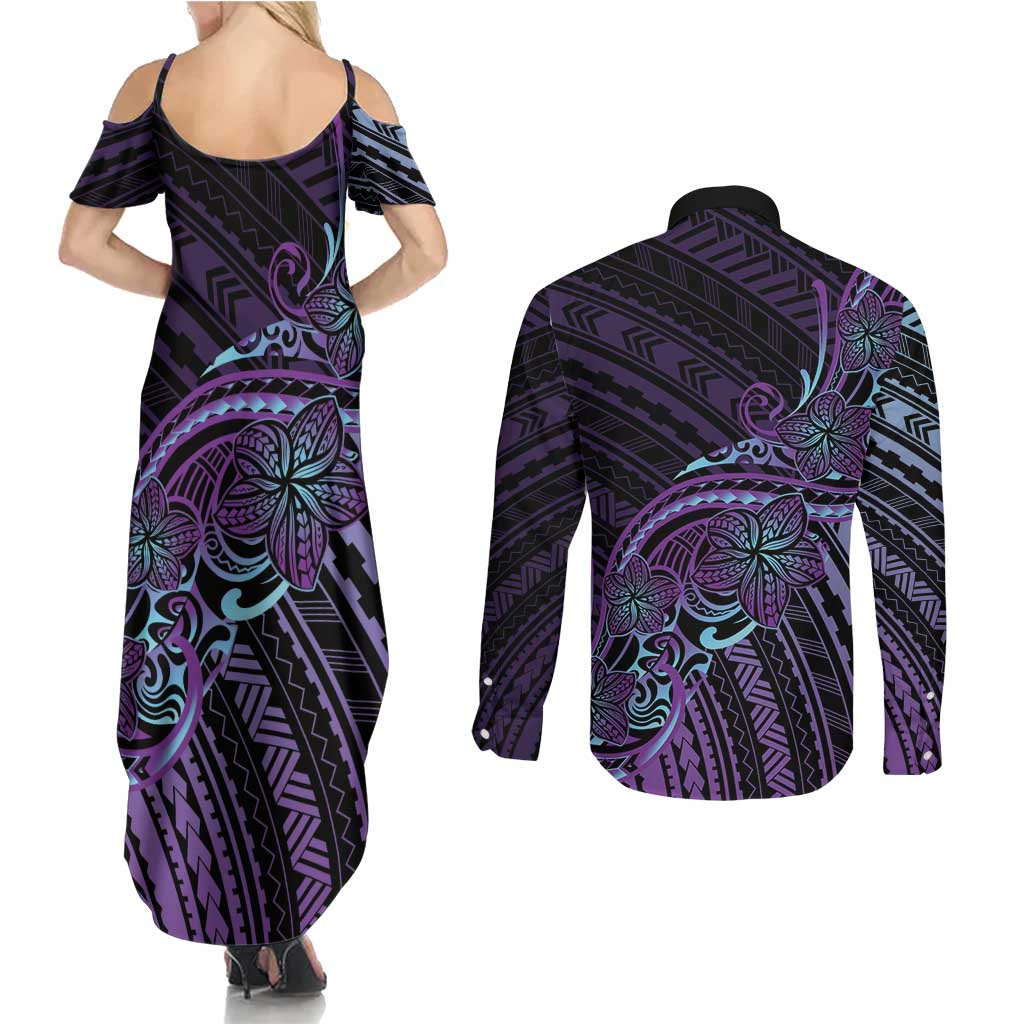 Teal Purple Polynesia Plumeria Tattoo Couples Matching Summer Maxi Dress and Long Sleeve Button Shirt LT14 - Polynesian Pride
