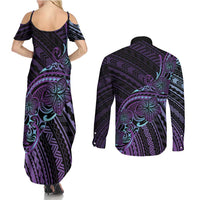 Teal Purple Polynesia Plumeria Tattoo Couples Matching Summer Maxi Dress and Long Sleeve Button Shirt LT14 - Polynesian Pride
