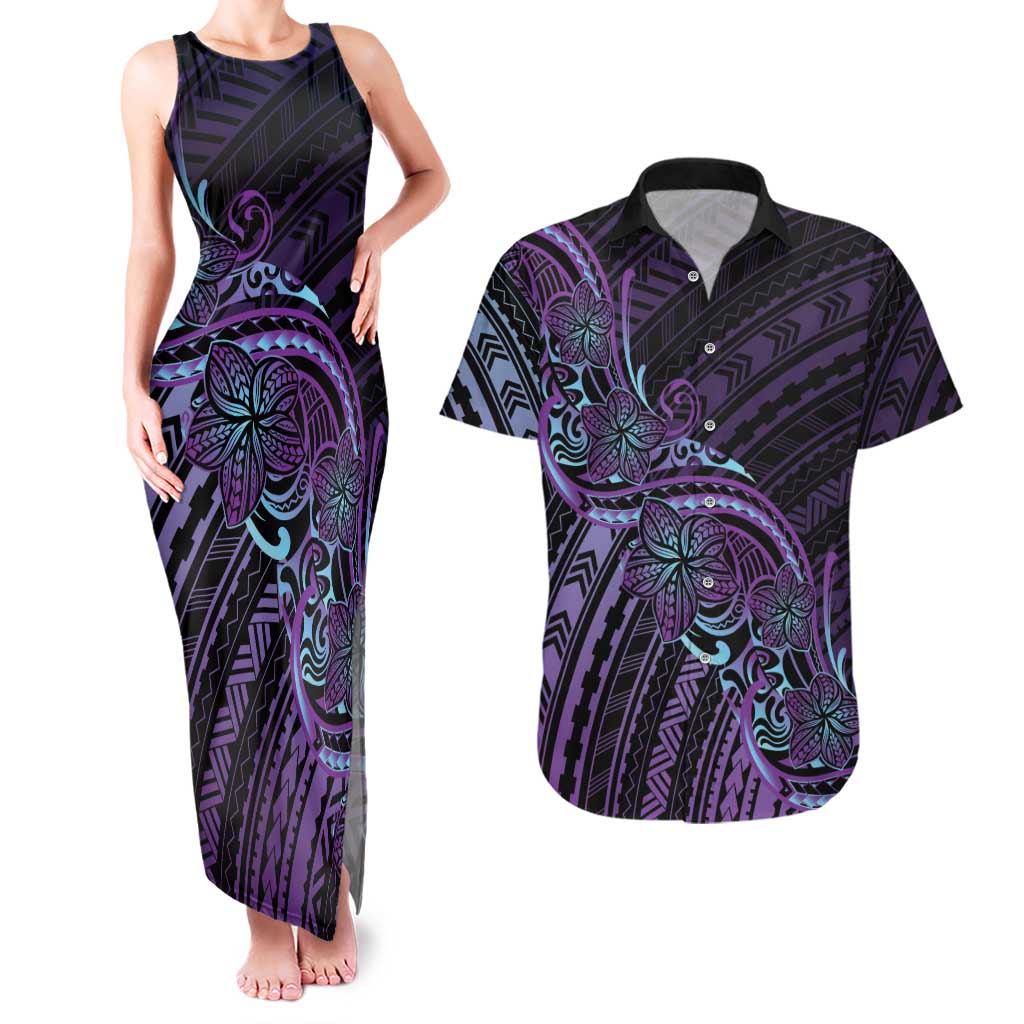 Teal Purple Polynesia Plumeria Tattoo Couples Matching Tank Maxi Dress and Hawaiian Shirt