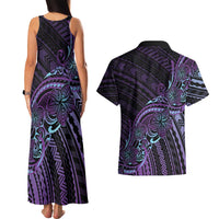 Teal Purple Polynesia Plumeria Tattoo Couples Matching Tank Maxi Dress and Hawaiian Shirt